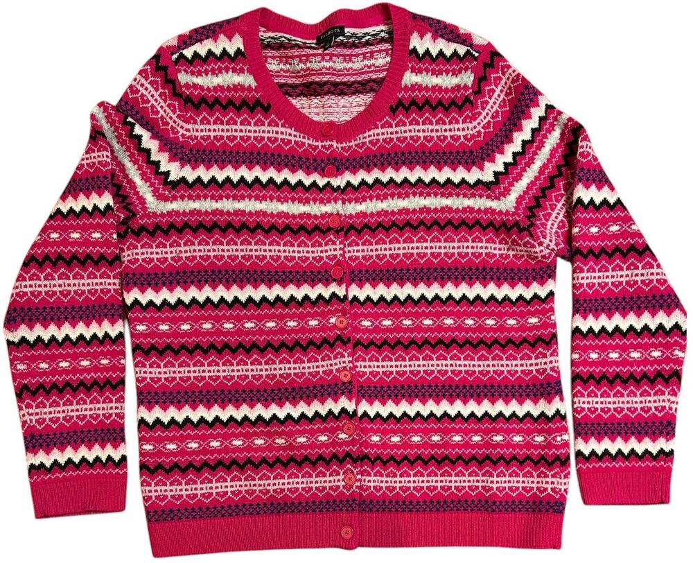 TALBOTS Women's Fairisle Cardigan Sweater LARGE Pink Red Fair Isle Nordic